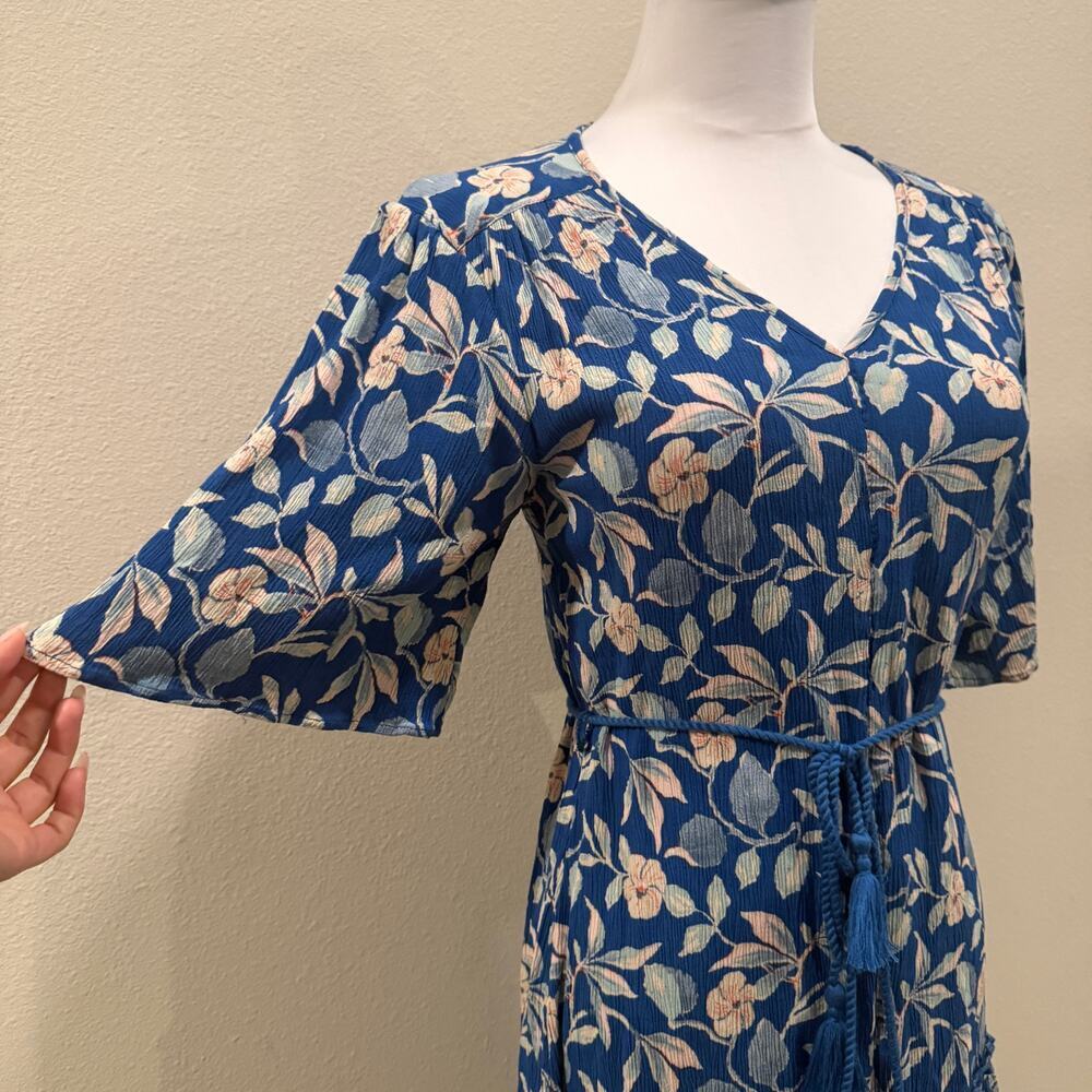 Faherty Orinda Floral Blue Crepe Mini Dress XS Boho Cottage Tassel 3/4 Sleeves - Picture 4 of 9